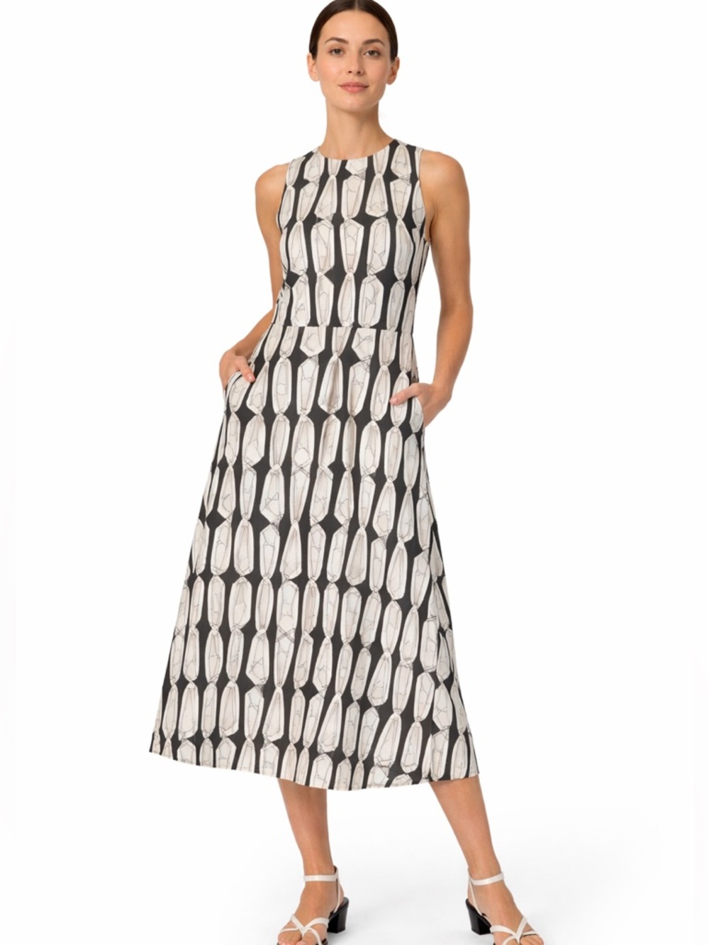 SKFK Erge Midi Dress White Black Print Open Back EcoVero Size 6